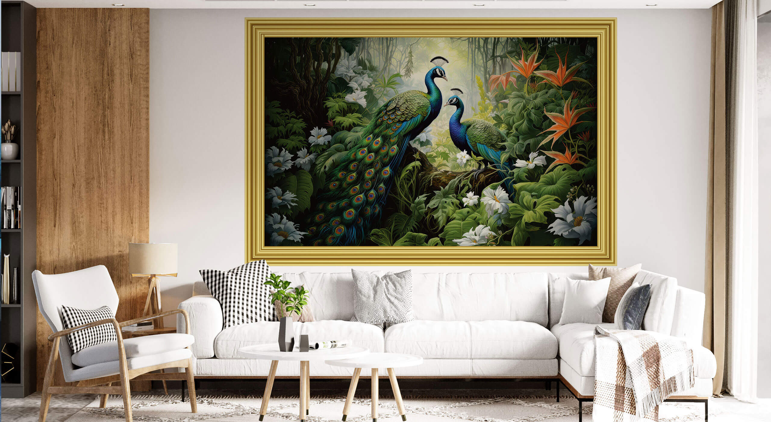 pictura-tablou-pauni-living Soluții de Design Interior cu Print Mural pentru Birouri și Spații de Lucru